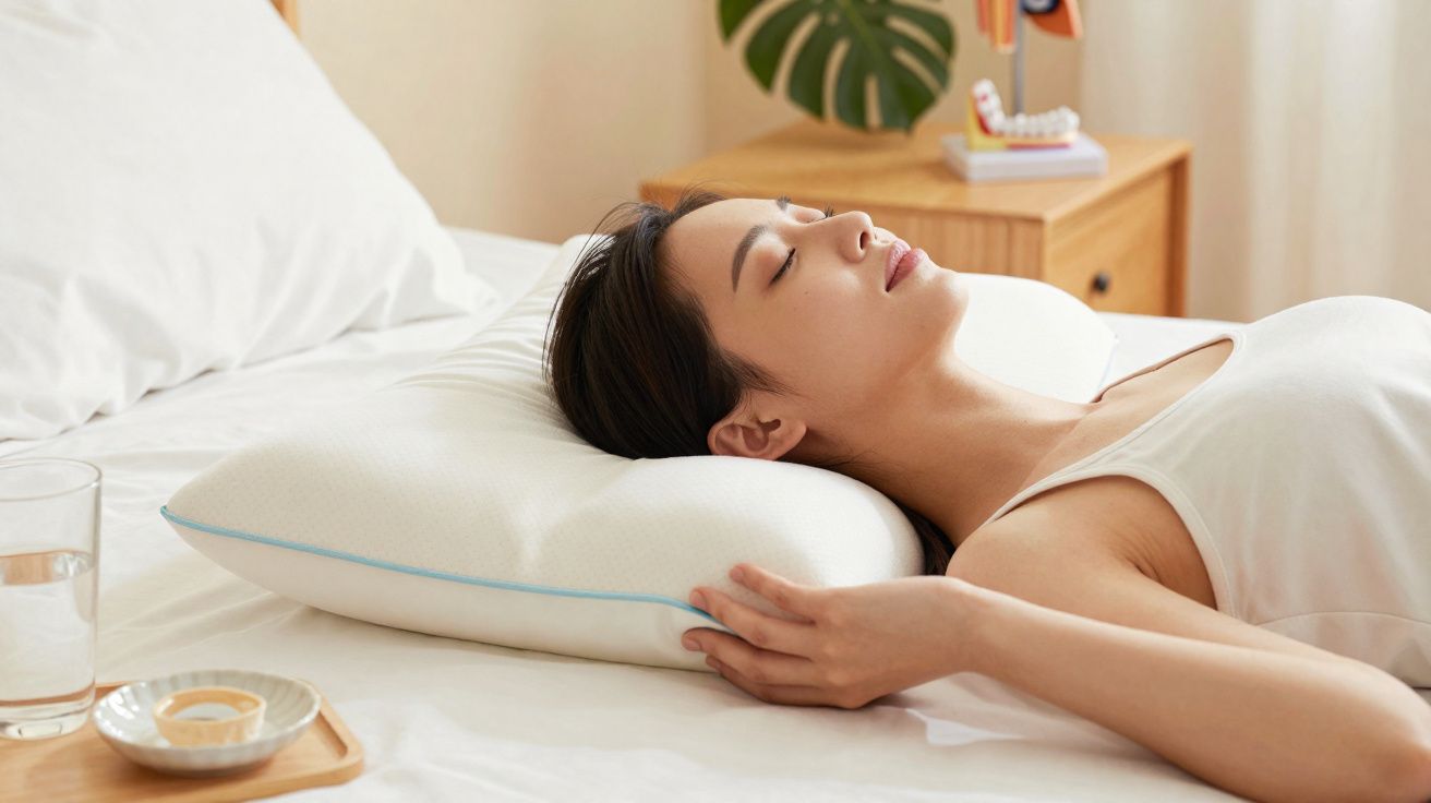 Mulher deitada descansando sobre almofada branca num quarto claro, com copo de água e pratinhos ao lado.