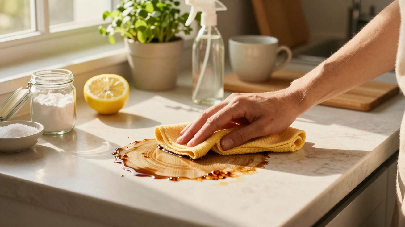 Mão a limpar um líquido derramado numa bancada de cozinha com um pano amarelo, ao lado de limão e frascos.
