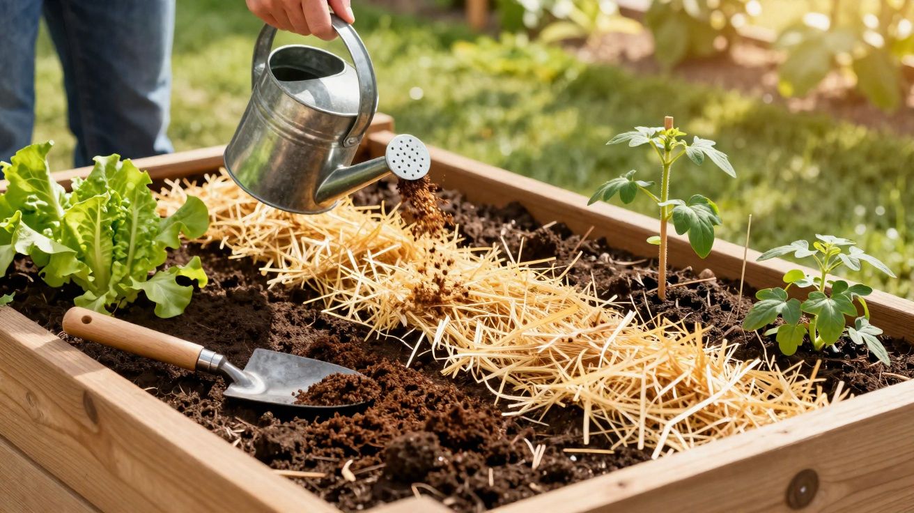 Pessoa a regar canteiro elevado com alface, plantas novas e palha para cobertura do solo.