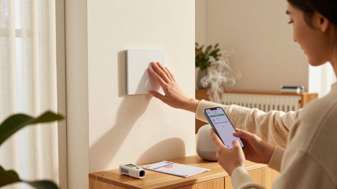 Pessoa controla termóstato na parede com uma mão e segura smartphone na outra num ambiente doméstico.