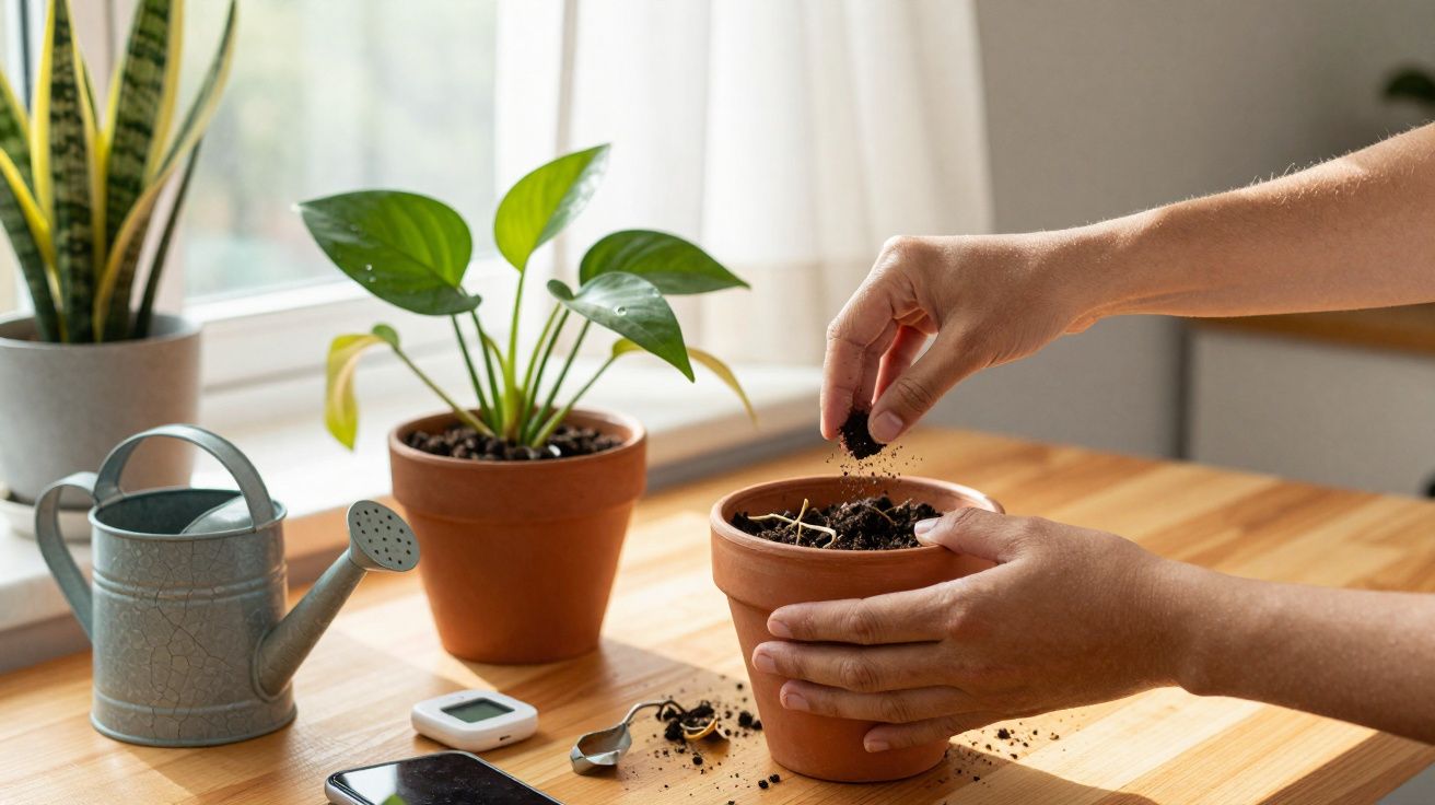 Mãos a semear sementes em vaso de barro numa mesa com planta, regador e smartphone próximo à janela.