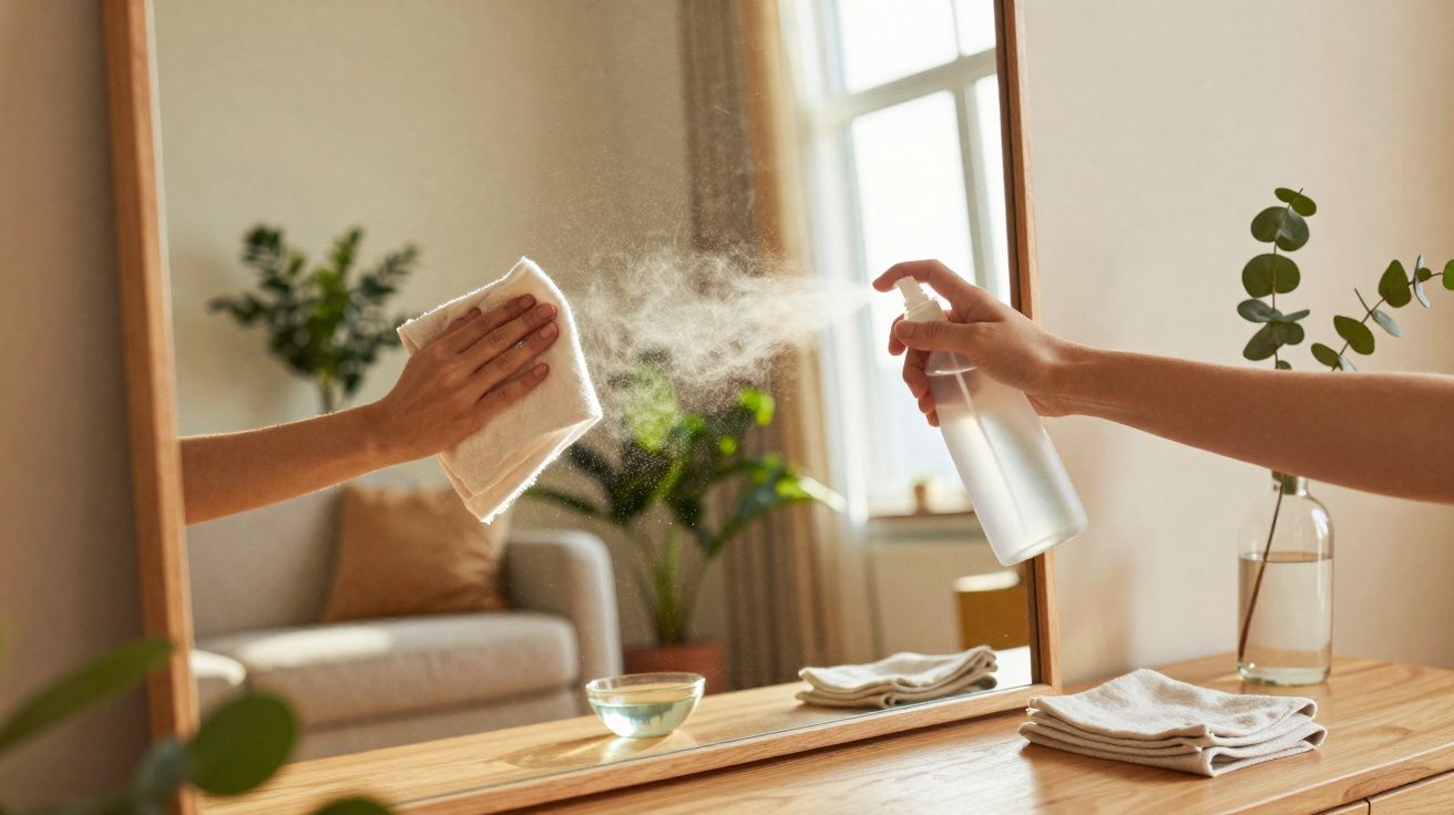 Pessoa a borrifar e limpar um espelho numa divisão bem iluminada com plantas e mobiliário moderno.