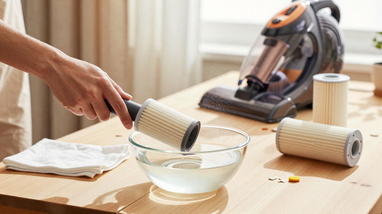 Pessoa a limpar filtro de aspirador com água numa tigela transparente sobre mesa de madeira clara.