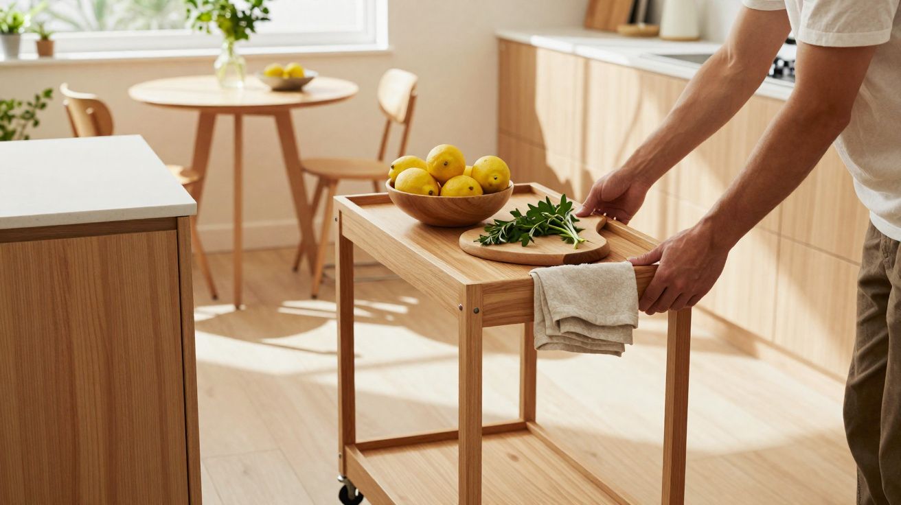 Pessoa a mover carrinho de cozinha em madeira com limões e ervas num ambiente claro e acolhedor.