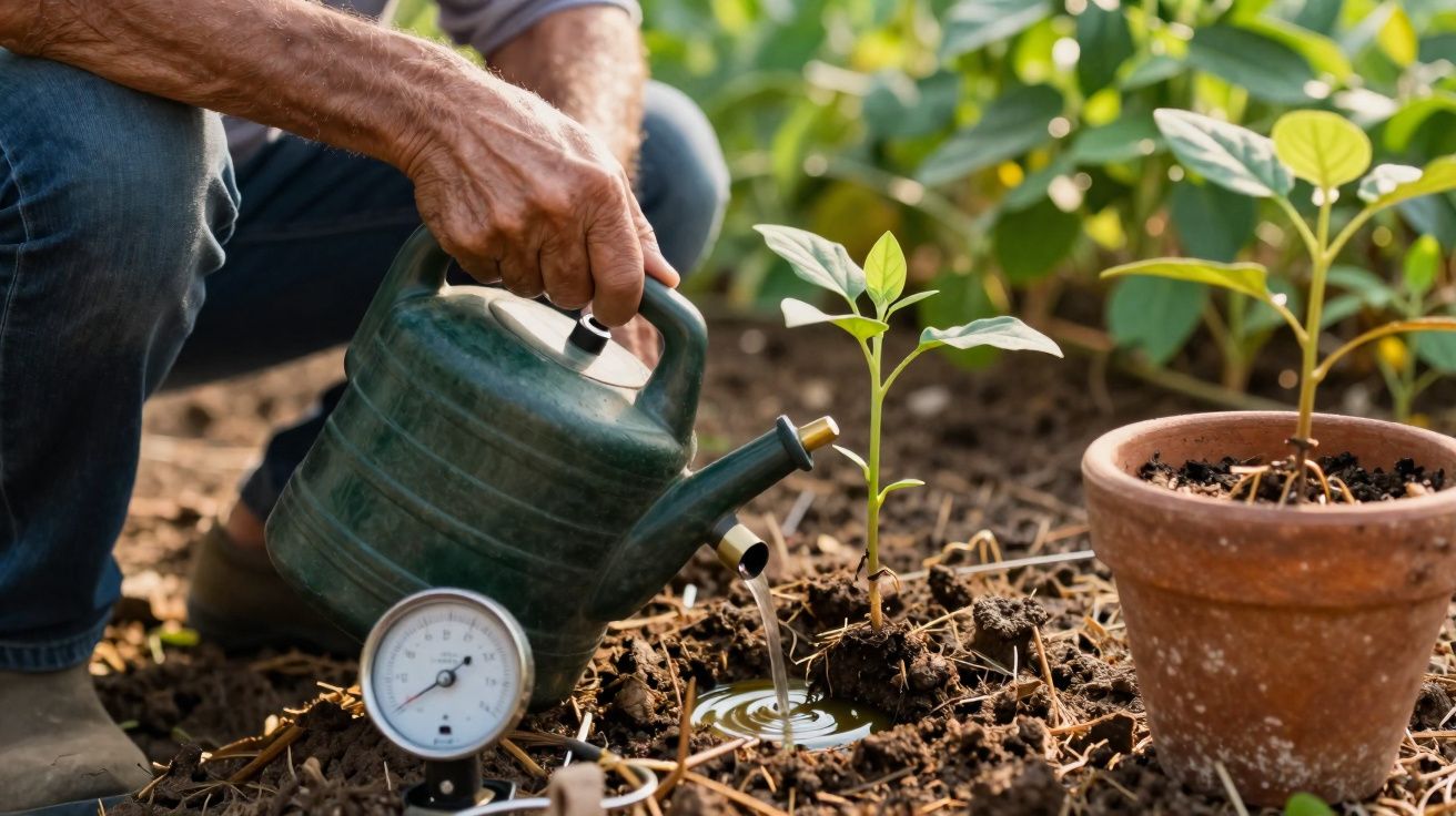Pessoa a regar pequena planta num jardim com regador verde, vaso de barro e medidor no solo.