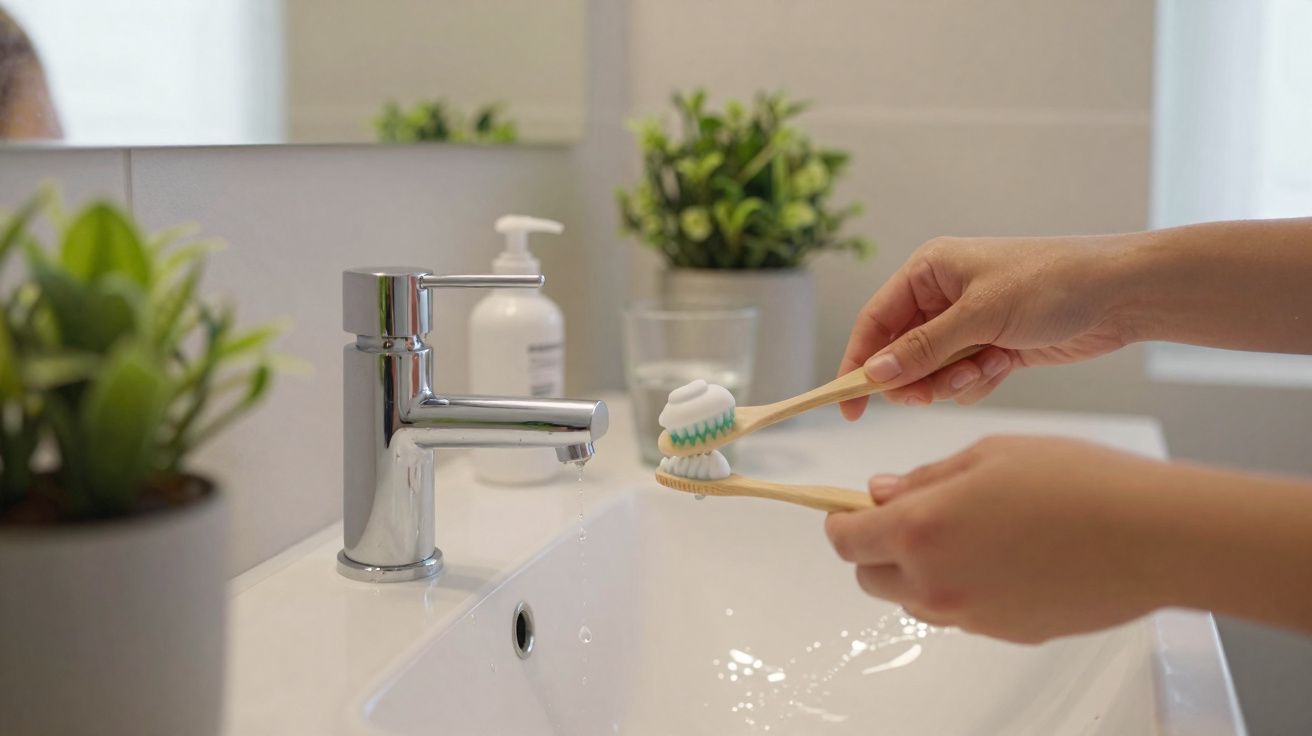 Pessoa a colocar creme dental em escova de dentes junto a uma torneira de casa de banho moderna.