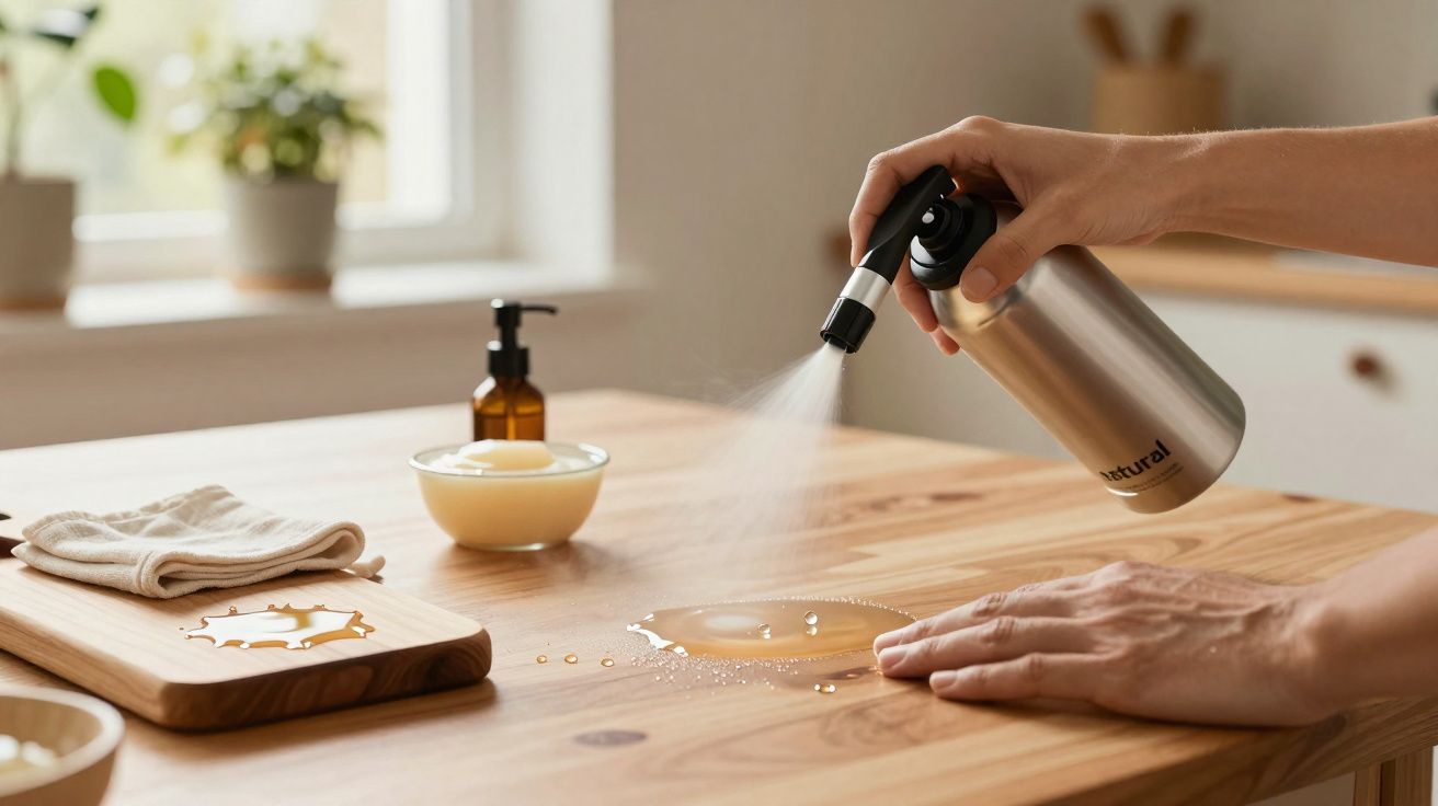 Pessoa a pulverizar spray para limpar mesa de madeira numa cozinha iluminada.