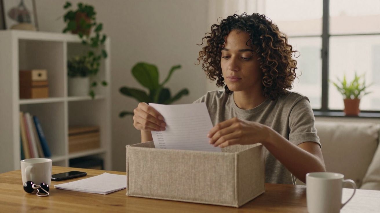Mulher sentada a organizar papéis numa caixa de tecido numa mesa com canecas e decoração póxima à janela.