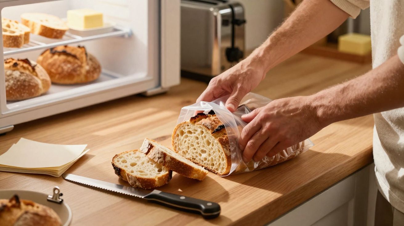 Pessoa a guardar fatias de pão rústico numa embalagem plástica numa bancada de cozinha.