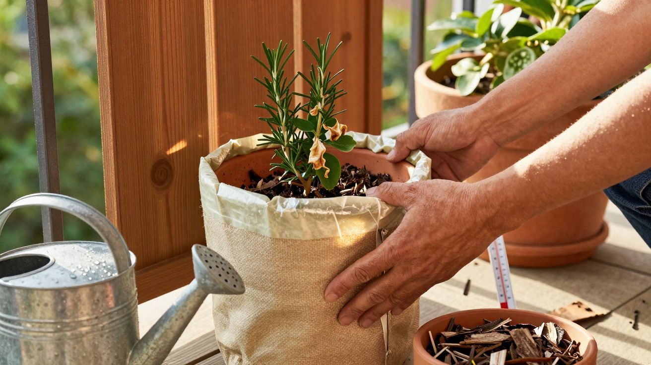 Mãos a cuidar de uma planta de alecrim num vaso coberto, num terraço com regador e plantas ao fundo.