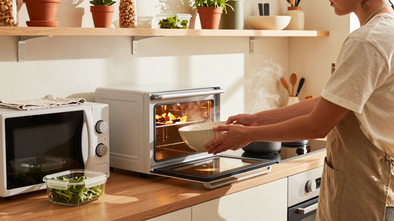 Pessoa a retirar uma taça com comida quente do forno eléctrico numa cozinha iluminada.