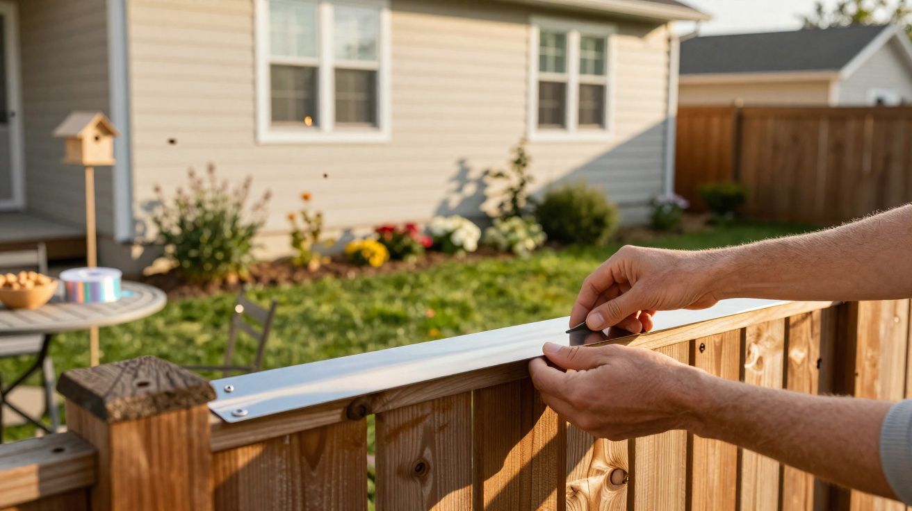 Mãos a fixar uma placa metálica num portão de madeira numa casa com jardim ao fundo.