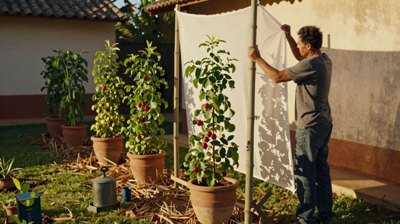 Homem monta estrutura com tecido branco junto a plantas com frutos em vasos num jardim ao ar livre.