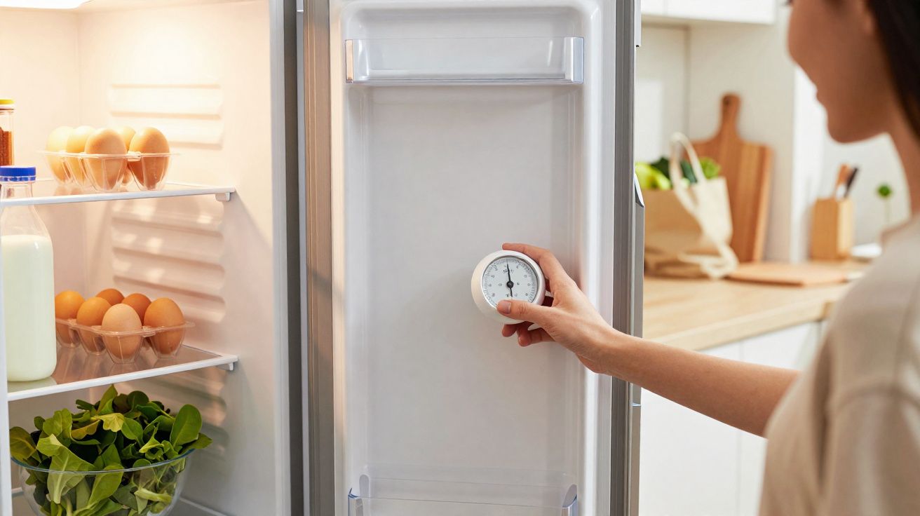 Pessoa a verificar a temperatura no interior de um frigorífico aberto com alimentos visíveis nas prateleiras.