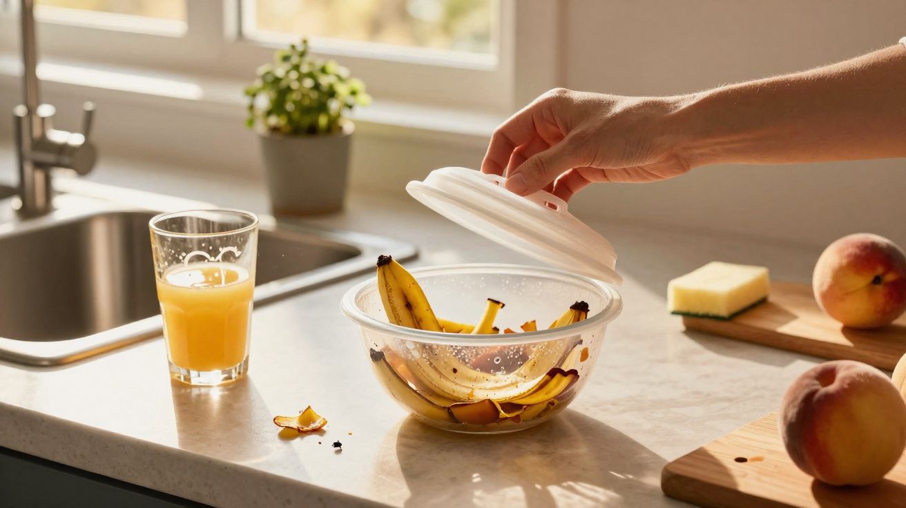 Mão a abrir recipiente com cascas de banana na cozinha, com sumo, pêssegos e esponja na bancada.