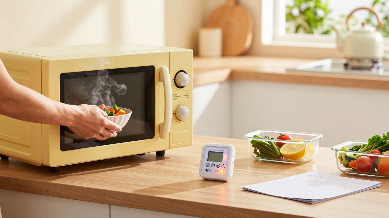 Pessoa a retirar prato com legumes quentes de micro-ondas amarelo numa cozinha acolhedora.