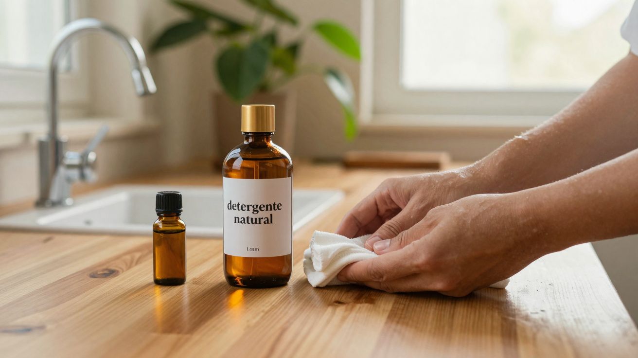 Mãos a limpar superfície de madeira com pano junto a frascos de detergente natural na cozinha.