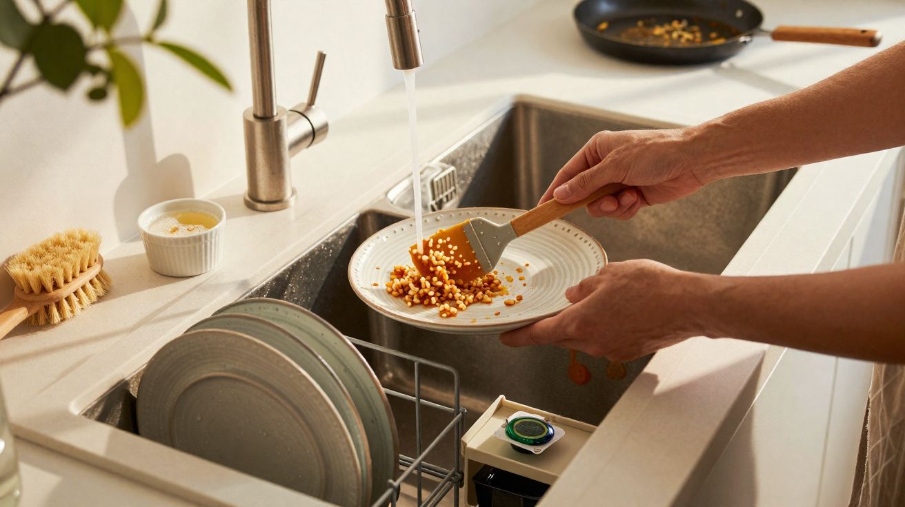Pessoa a remover restos de comida de prato junto à pia da cozinha com água a correr.