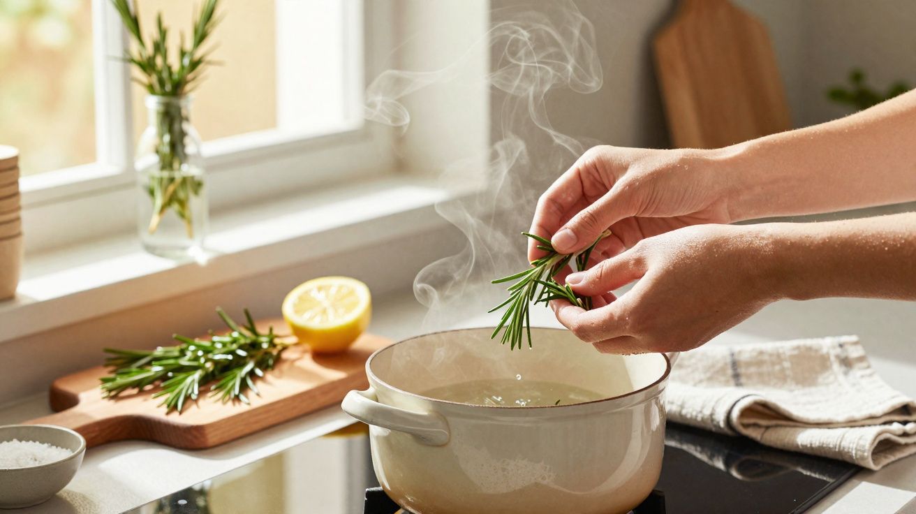 Mãos a colocar alecrim numa panela a ferver numa cozinha luminosa com limão e alecrim na bancada.