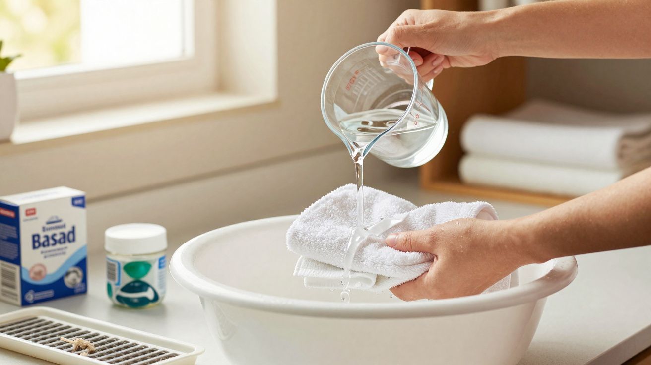 Pessoa a despejar líquido de um copo medidor sobre uma toalha branca sobre uma pia branca.