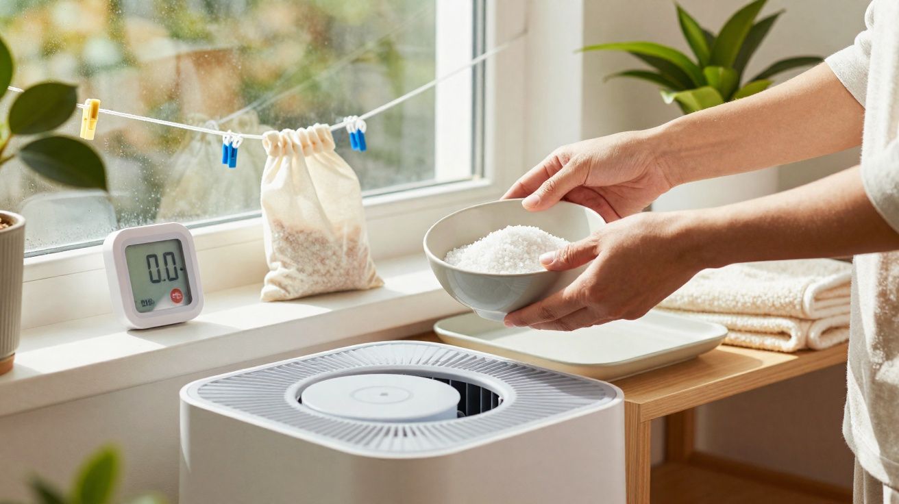 Pessoas a colocar sais num purificador de ar próximo a uma janela com plantas e toalhas.