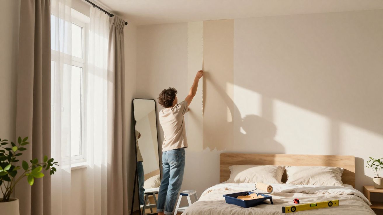 Homem a aplicar papel de parede claro numa parede branca de quarto bem iluminado e decorado.