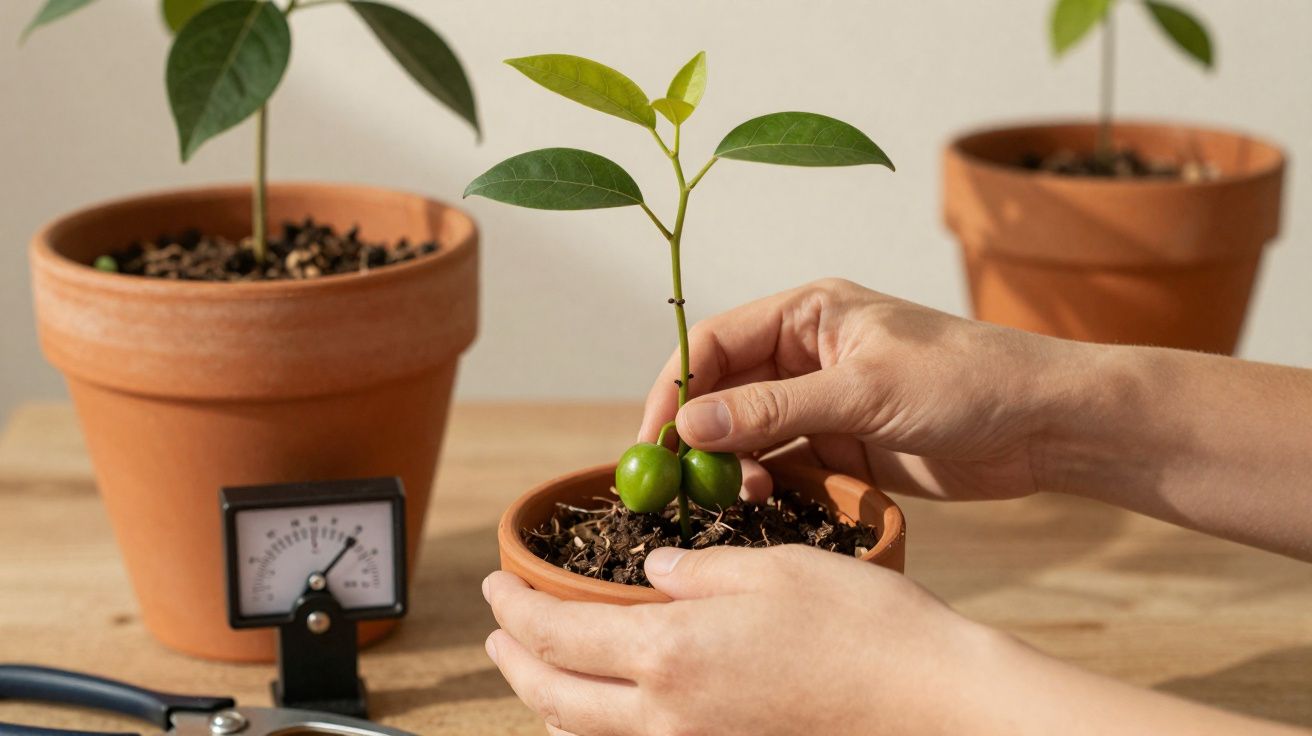 Mãos a cuidar de uma planta jovem num vaso de barro com outras plantas e um medidor ao fundo.