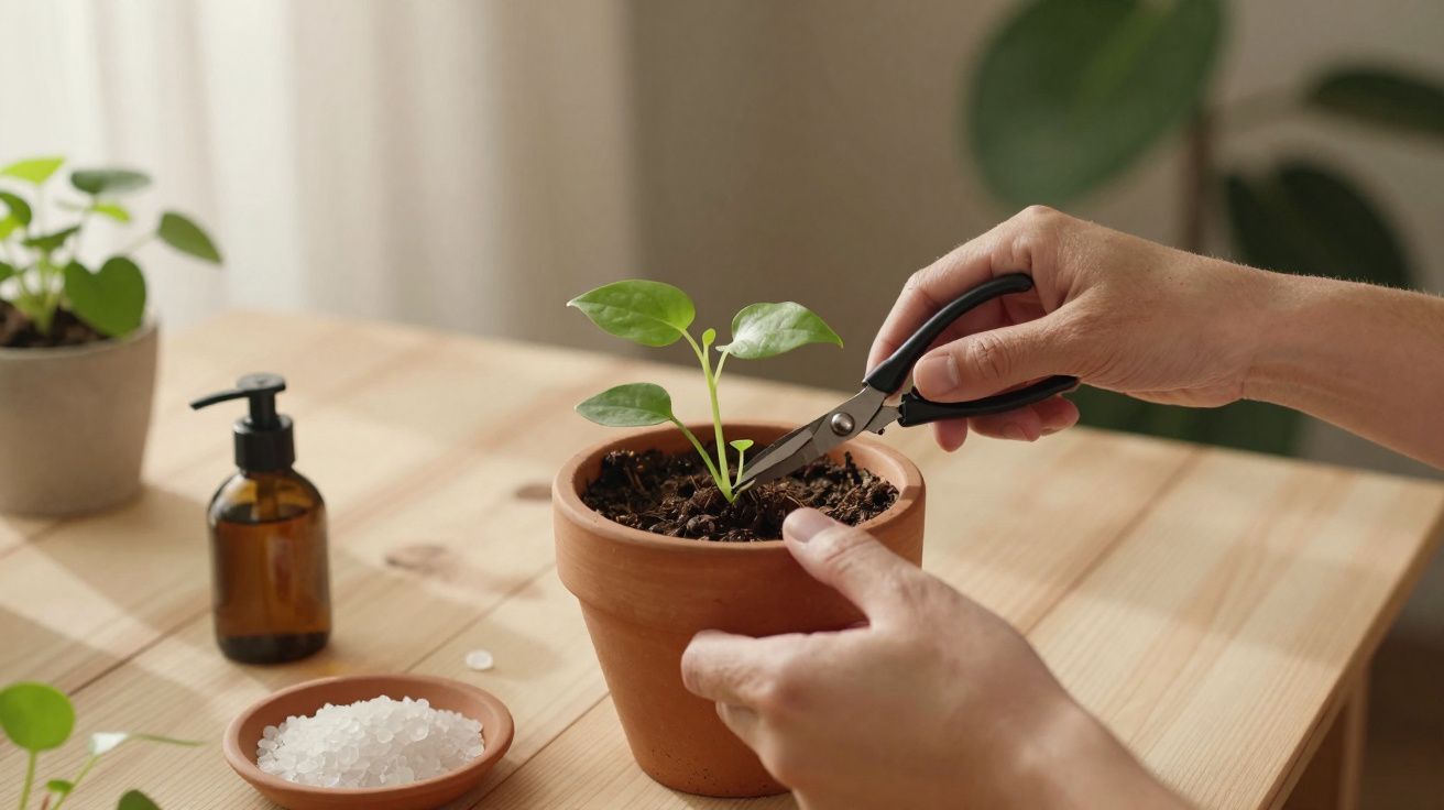 Pessoa a podar planta jovem num vaso de barro numa mesa de madeira com frasco de líquido e sal.