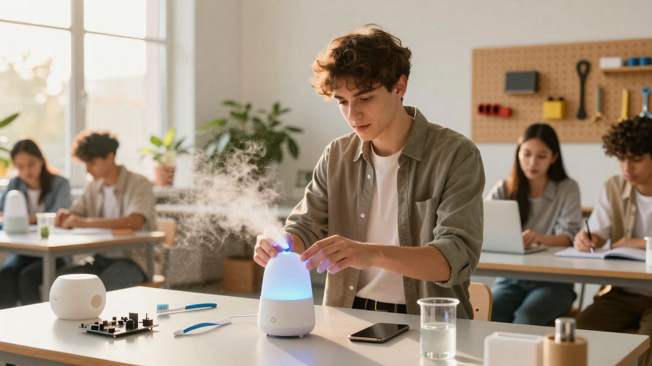 Aluno ajusta difusor de aroma luminoso numa mesa de estudo com colegas ao fundo.