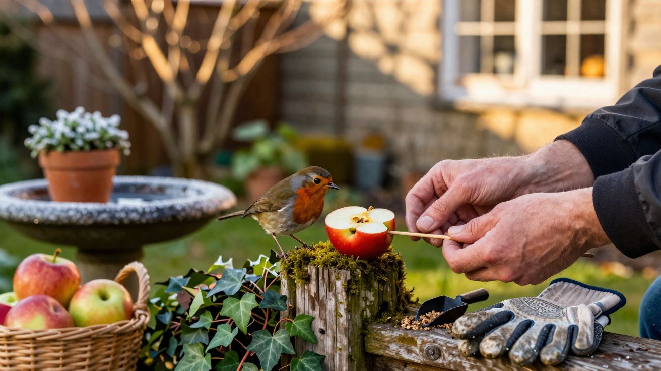 Pessoas a alimentar um pássaro com uma maçã cortada num jardim com luvas e cesto de maçãs ao lado.