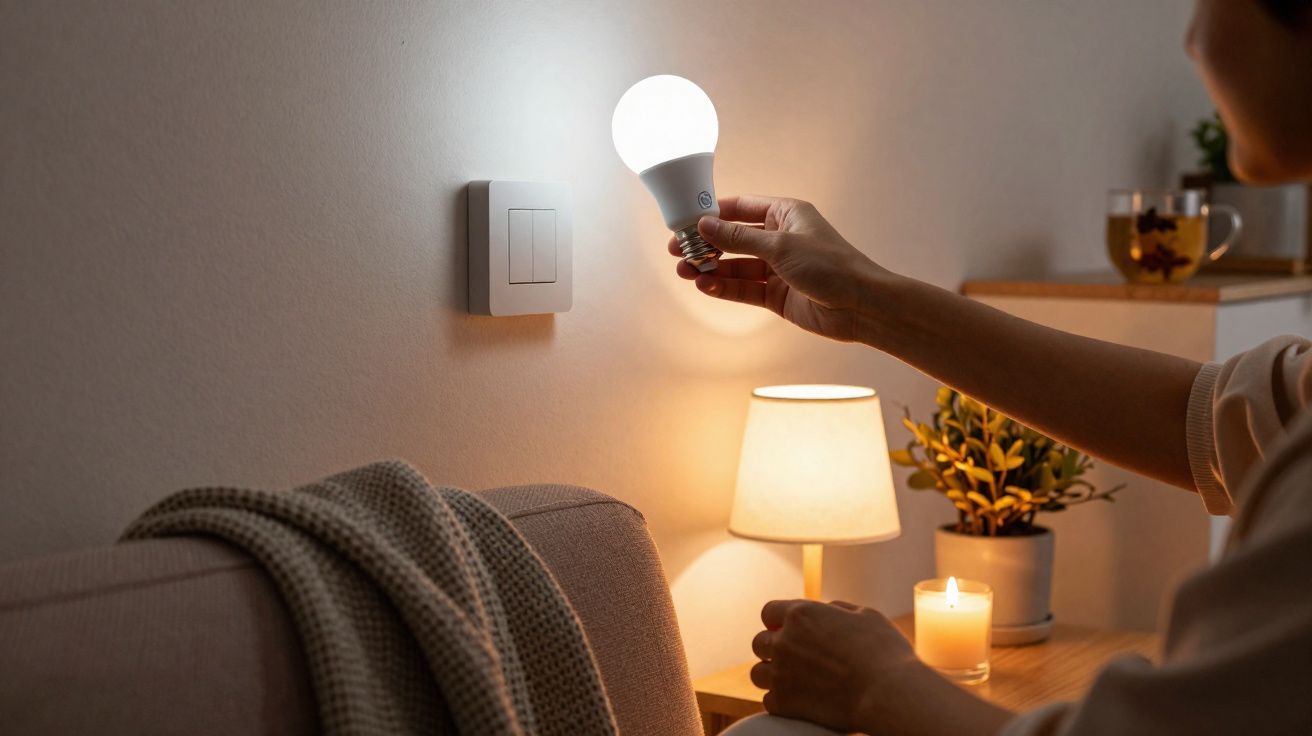 Pessoa a colocar lâmpada LED numa casa com sofá, manta, candeeiro, vela e planta decorativa numa mesa.