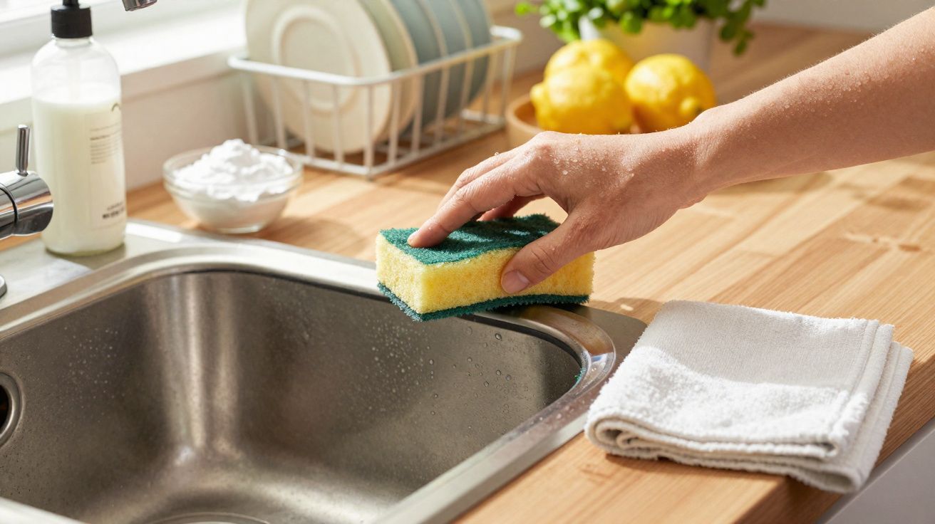 Mão a limpar a torneira da cozinha com esponja ao lado de pia, toalha e limões no balcão de madeira.