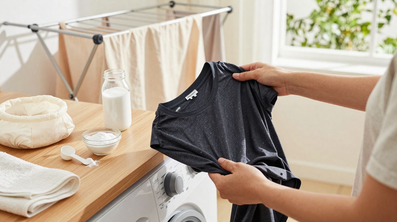 Pessoa a esticar uma t-shirt preta junto a máquina de lavar e utensílios de detergente natural.