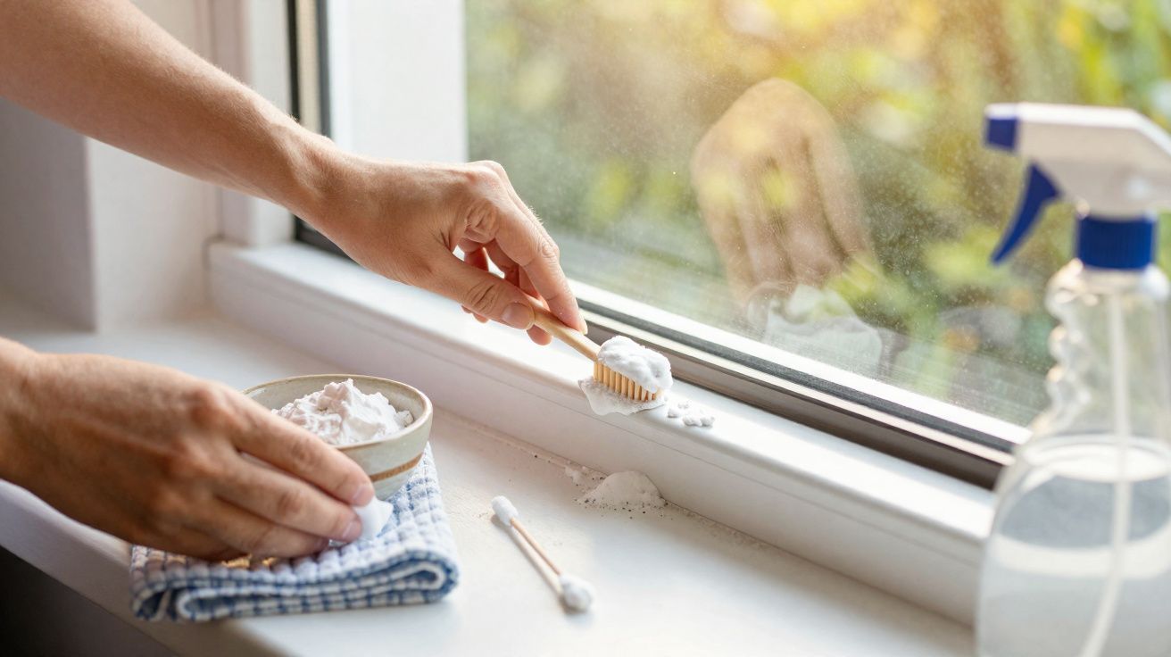 Pessoa a limpar o parapeito da janela com escova, bicarbonato e pano, spray visível ao lado.