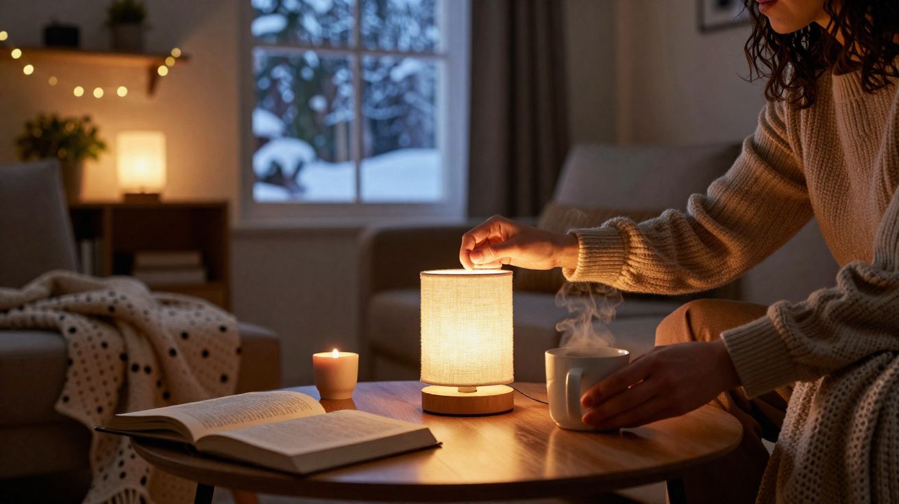 Pessoa a acender candeeiro numa sala aconchegante com livro aberto, chá quente e vista para neve na janela.