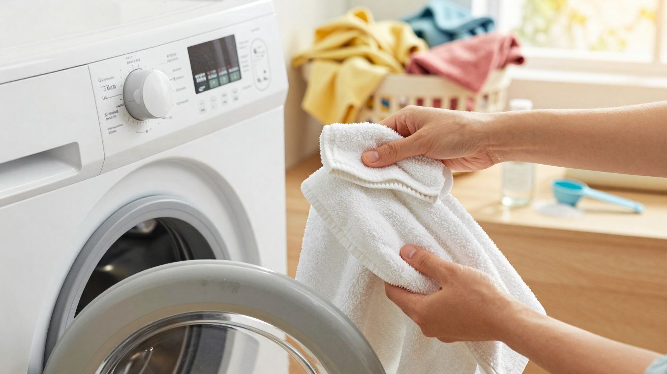 Pessoa a tirar toalha branca limpa da máquina de lavar roupa numa lavandaria doméstica iluminada.