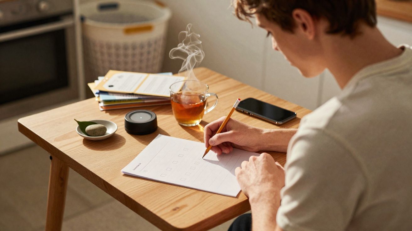 Pessoa a escrever numa folha de papel numa mesa de madeira com chá quente e telemóvel.