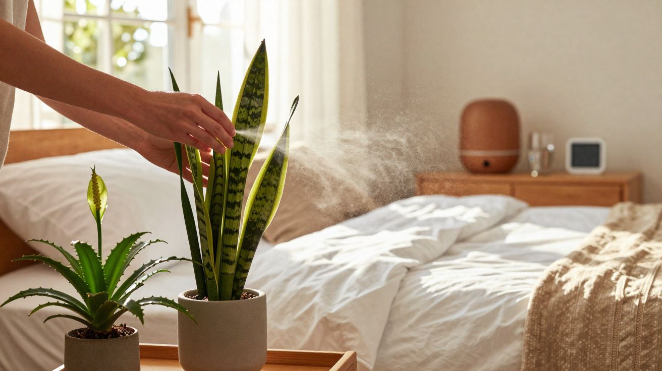 Mão a borrifar água numa planta verde junto a uma cama arrumada num quarto iluminado.