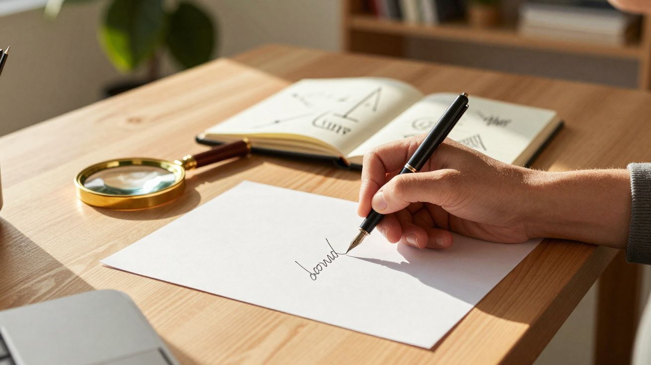 Pessoa a escrever "down" numa folha de papel numa secretária com lupa e livro aberto ao fundo.