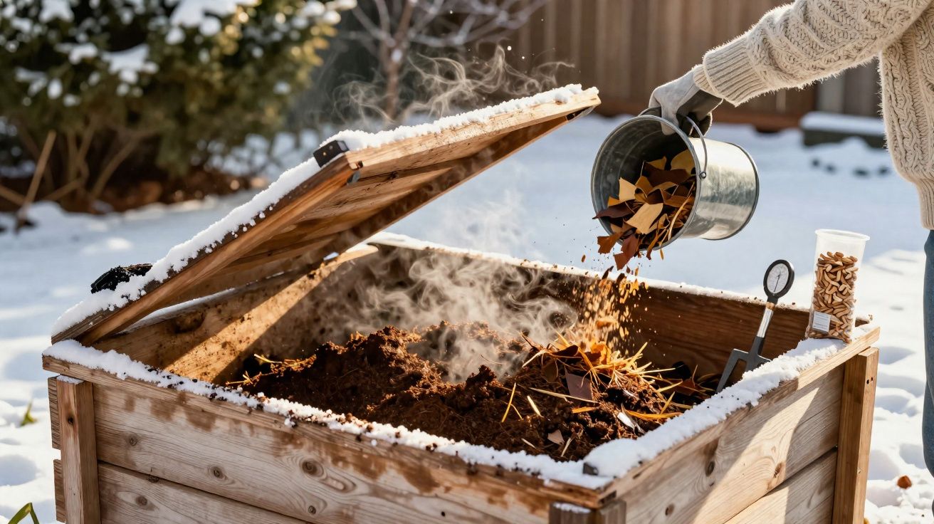 Pessoa a adicionar folhas secas a uma compostagem quente numa caixa de madeira coberta de neve.