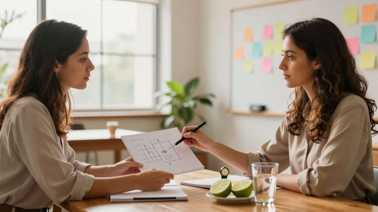 Duas mulheres em reunião de trabalho, analisando plantas e apontando detalhes, sentadas numa mesa com fruta e copo de água.