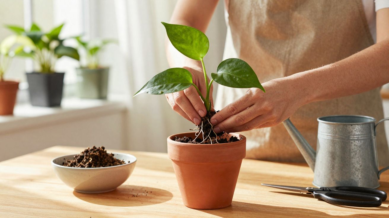 Pessoa a transplantar uma planta jovem para vaso de barro numa mesa com ferramentas de jardinagem.