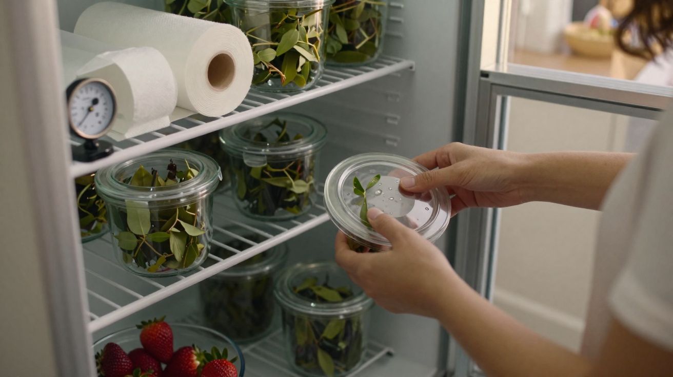 Mãos a colocar recipiente com folhas verdes numa prateleira de frigorífico com vários frascos e morangos.