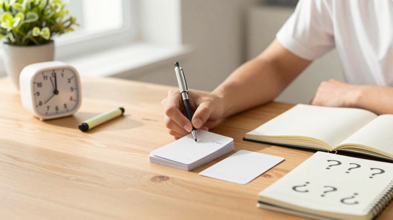 Pessoa a escrever numa folha pequena com caneta, relógio, marcador e caderno com interrogações numa mesa de madeira.