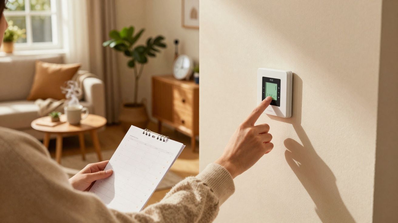 Pessoa ajusta termostato digital na parede enquanto segura calendário em sala de estar iluminada.
