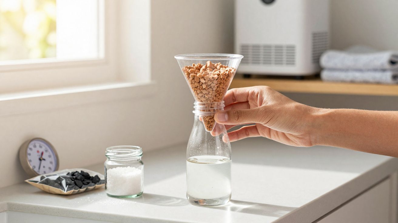 Mão a segurar funil com pedras castanhas a filtrar água para jarra transparente num balcão de cozinha iluminado.
