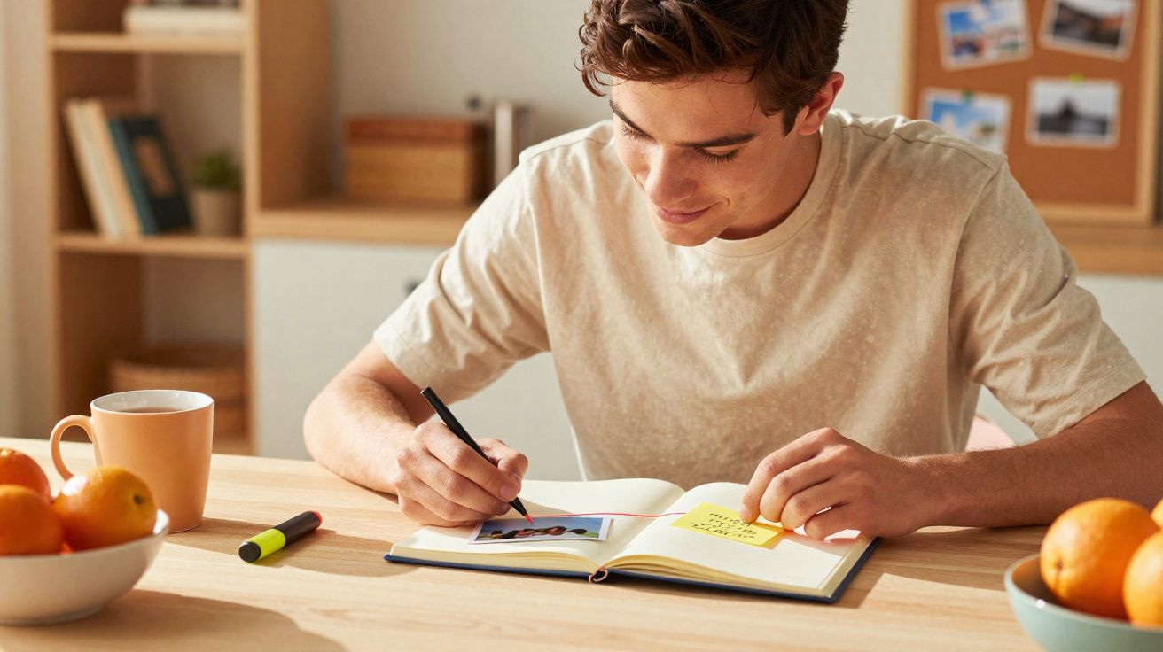 Jovem sentado à mesa a escrever num caderno, com frutas e caneca ao lado, em ambiente acolhedor.