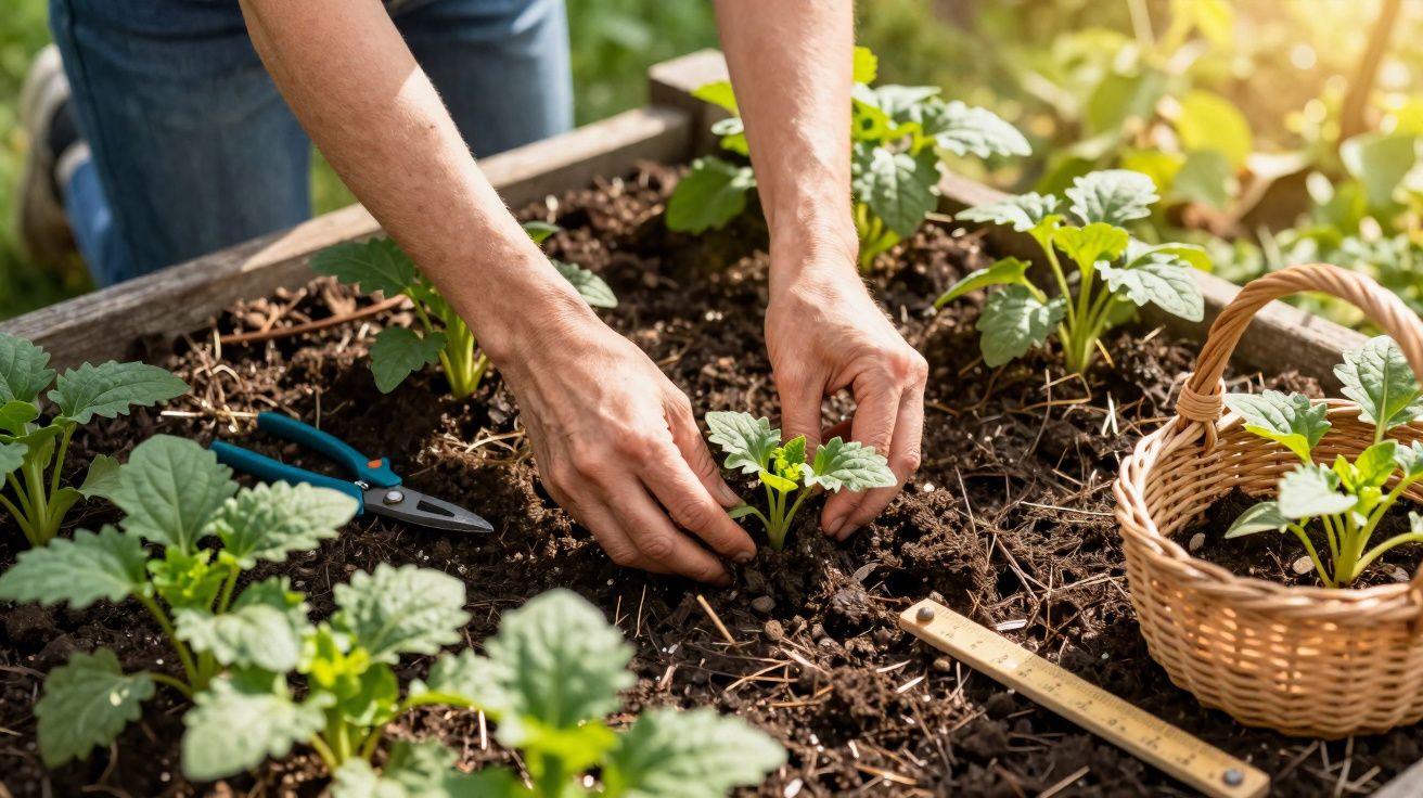 Mãos a plantar mudas em canteiro de terra com regador, tesoura de poda e cesto de verga ao lado.