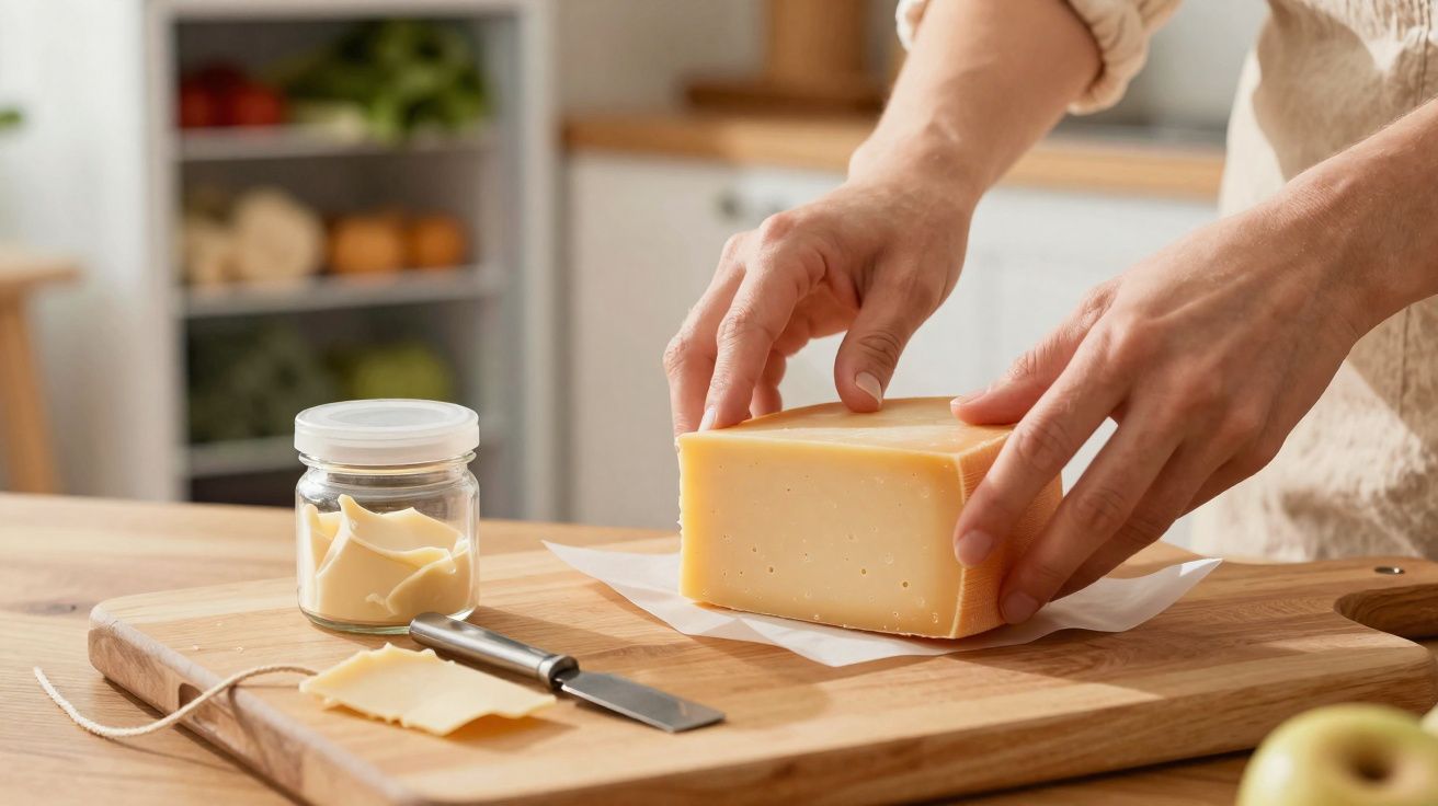 Pessoa a cortar um bloco de queijo amarelo numa tábua de madeira numa cozinha iluminada.