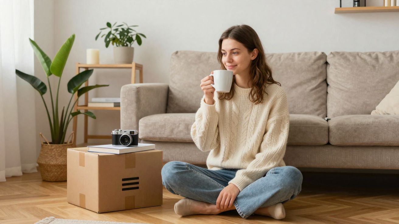 Mulher sentada no chão de madeira a beber chá, sorrindo, com caixa e câmera ao lado, em sala decorada.